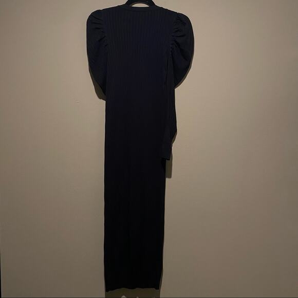 ZARA Ribbed Knit Puffy Sleeve Gold Button Front Midi Dress - Picture 5 of 7